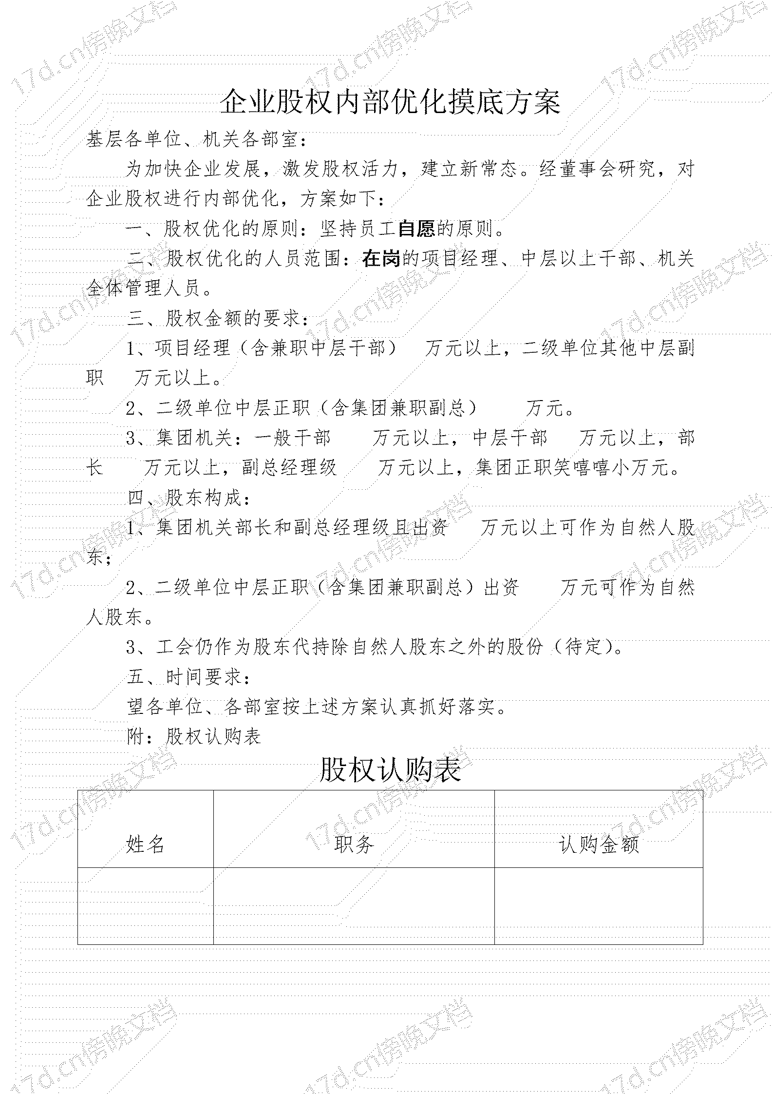 企业股权内部优化摸底方案